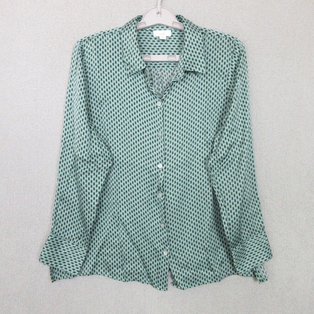 J Jill Blouse Womens L Petites Button Front Long Sleeve Green Geometric Print